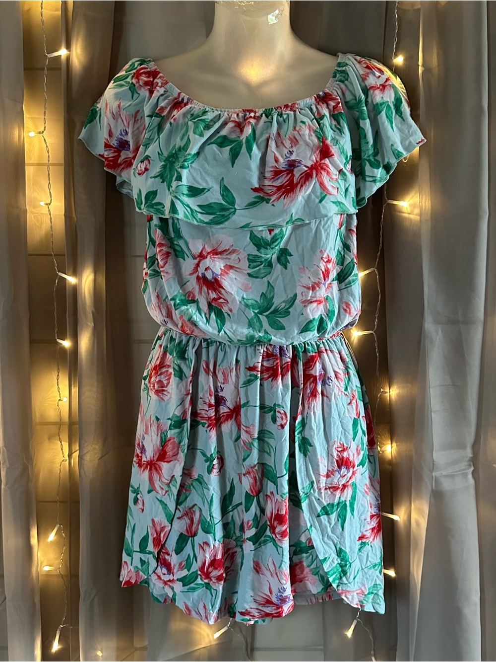 Kristin Nicole teal floral off the shoulder romper Sz L